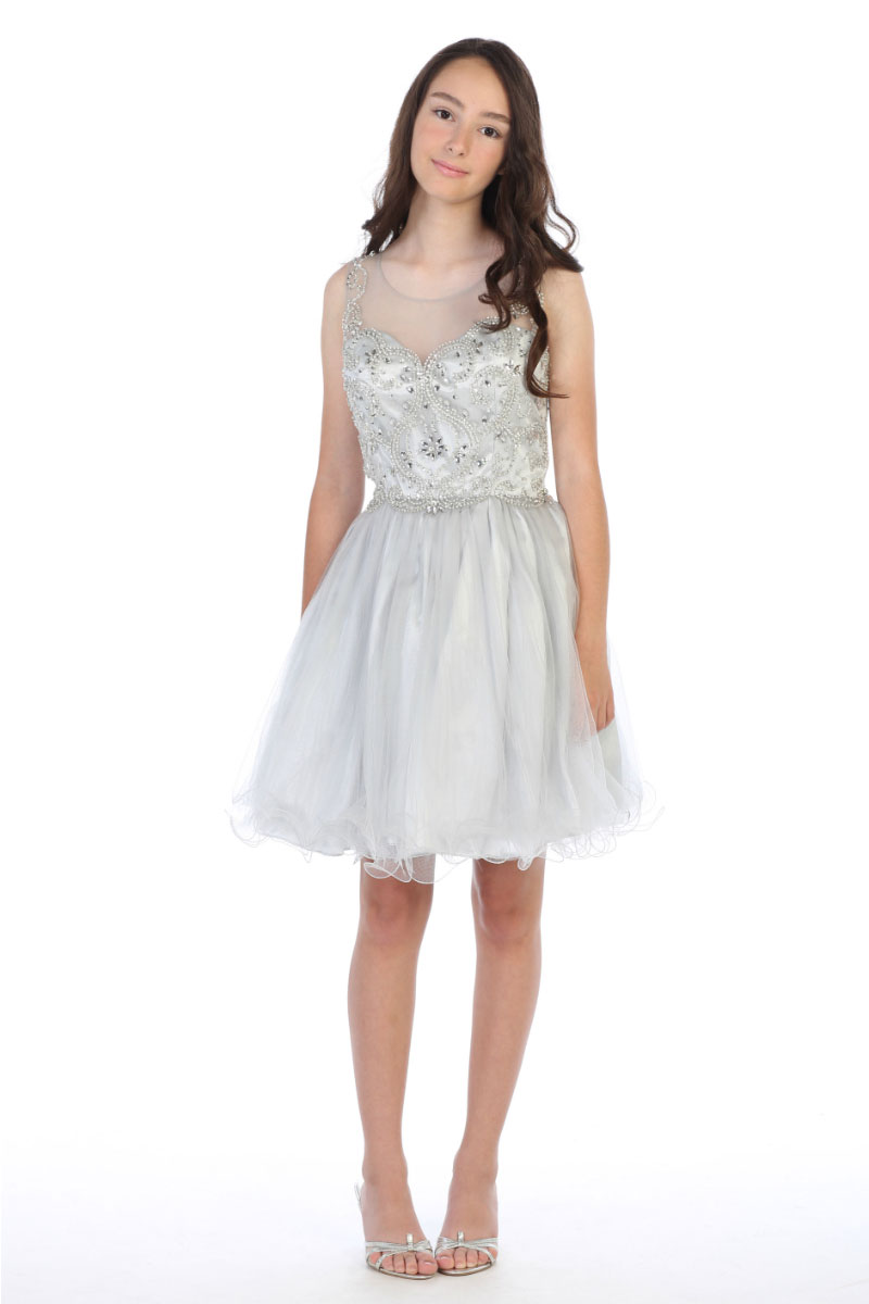 AG DR5264XSV Girls Teen Dress Style DR5264X SILVER Short Beaded Illusion Neckline Party Dress Corset Dresses Flower Girl Dresses Flower Girl Dress For Less