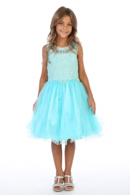 Girls Dress Style DR5266 - AQUA Short Beaded Illusion Neckline Party Dress