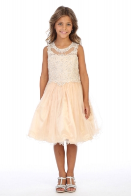 Girls Dress Style DR5266 - CHAMPAGNE Short Beaded Illusion Neckline Party Dress