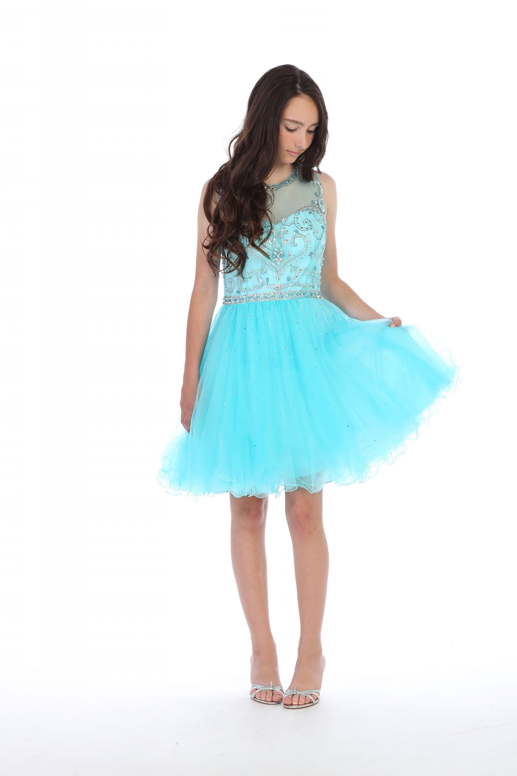 AG_DR5276XAQ - Girls Teen Dress Style DR5276X - AQUA Short Beaded Illusion  Neckline Party Dress - Turquoise - Flower Girl Dresses - Flower Girl Dress  For Less