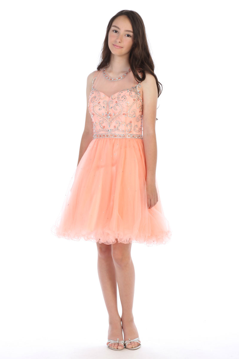 AG DR5276XCO Girls Teen Dress Style DR5276X CORAL Short Beaded Illusion Neckline Party Dress Corals Peaches Oranges Flower Girl Dresses Flower Girl Dress For Less