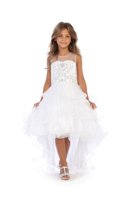 SALE WHITE High Low Dress with Beaded Bodice and Ruffle Skirt