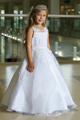 Girls Dress Style DR5306- WHITE Organza Dress with Embroidered Appliques