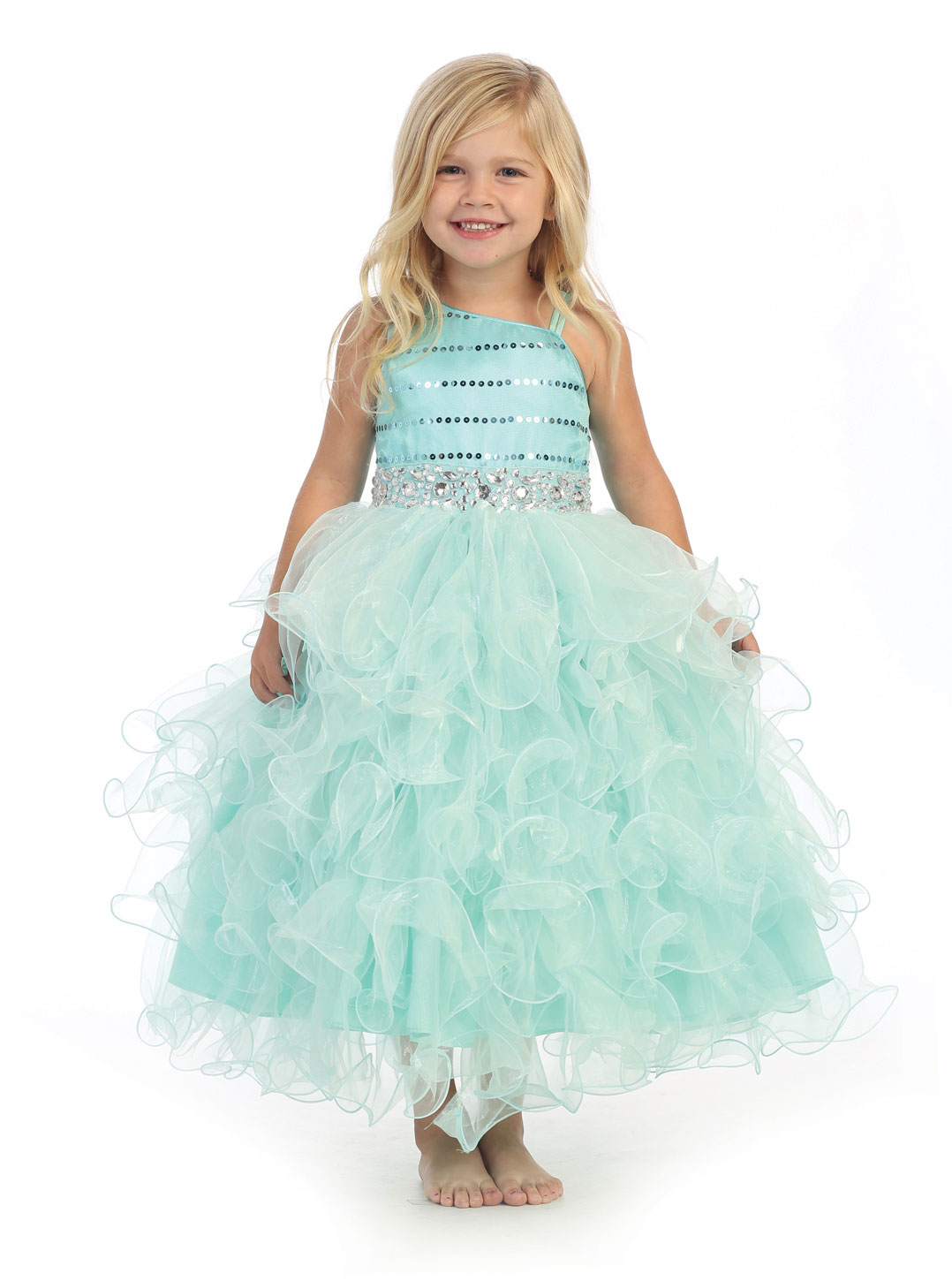Girls Dress Style DR630 - AQUA One Shoulder Beaded Dress with Corset Back