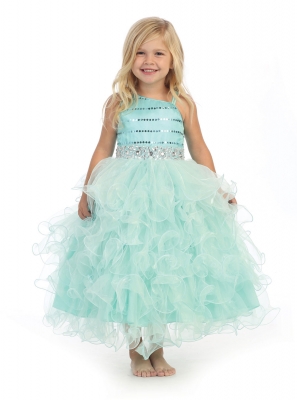 Girls Dress Style DR630 - AQUA One Shoulder Beaded Dress with Corset Back