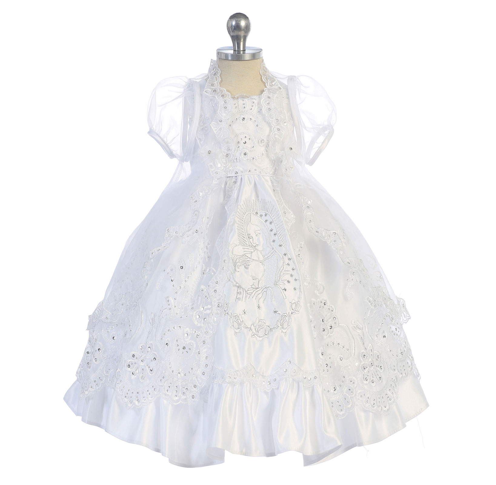 Girls Dress Style DR642 - WHITE Pope and Virgin Mary Embroidered Satin and Organ