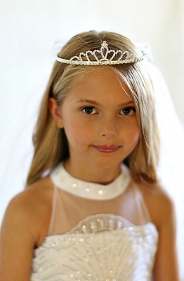 Communion Veil- Style VL1941 - Rhinestone Tiara with Pencil Edge Veil and Organza Bow on Back