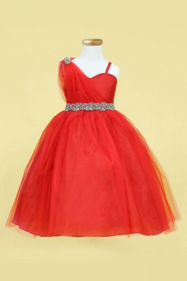 Girls Dress Style D766 - RED Short Dress with Draped Shoulder