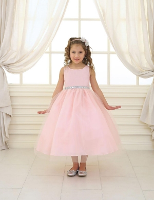 SALE BLUSH Sleeveless Satin and Organza Dress with Embellished Rhinestone Waist