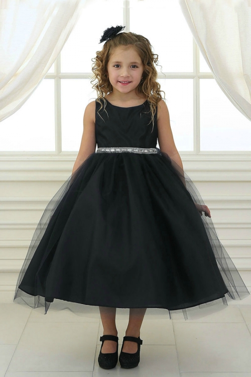 CA_D754BLK - Girls Dress Style D754 - BLACK Sleeveless Satin and Organza  Dress with Embellished Rhinestone Waist - Girls Birthday Dresses 6mth- size  18 - Flower Girl Dresses - Flower Girl Dress For Less