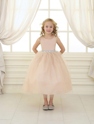 SALE CHAMPAGNE Sleeveless Satin and Organza Dress with Embellished Rhinestone Waist