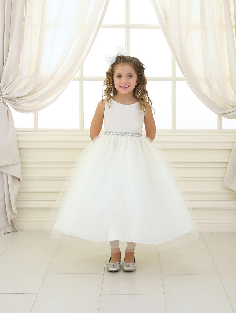 Girls Dress Style D754 - IVORY Sleeveless Satin and Organza Dress with Embellish