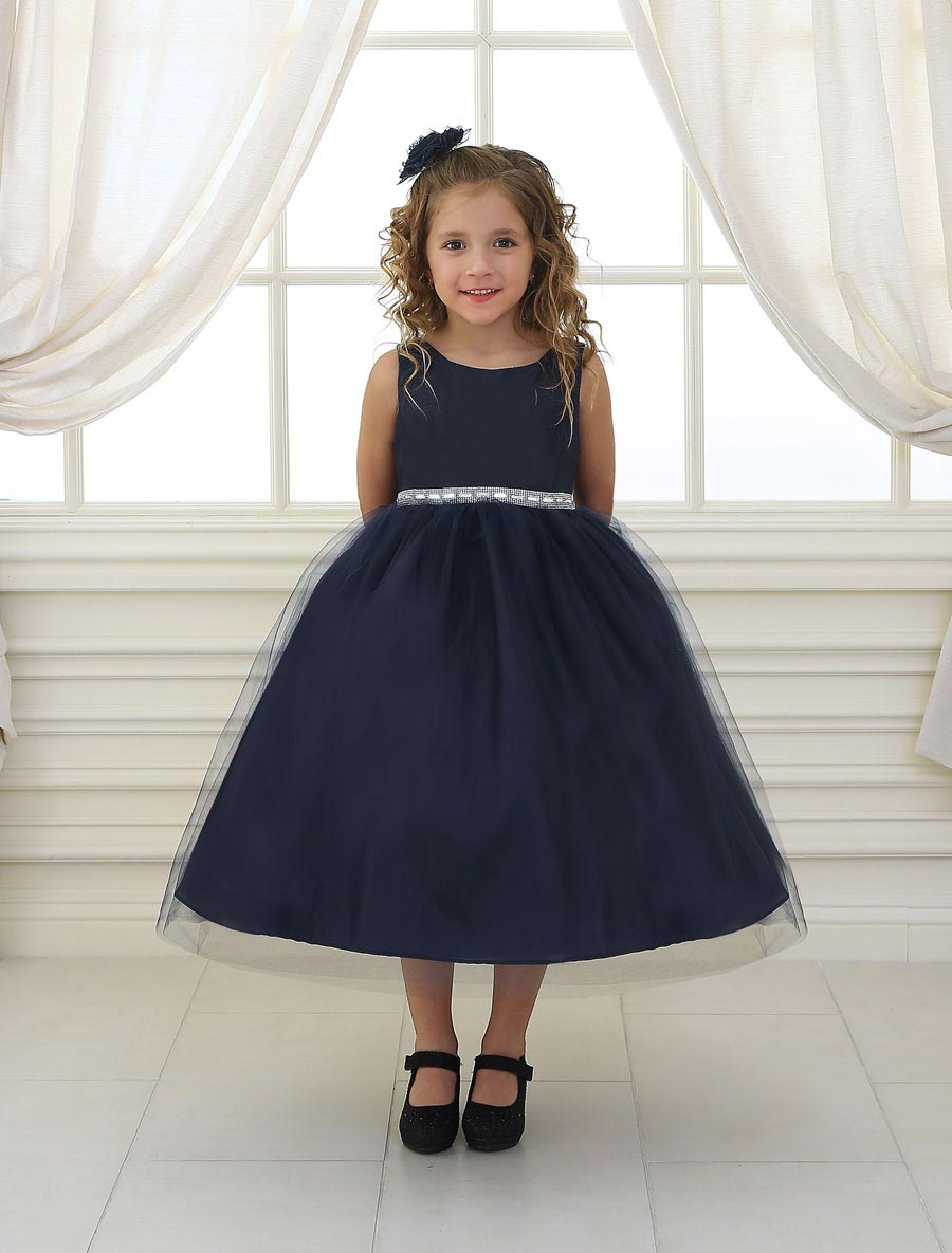 Girls Dress Style D754 - NAVY Sleeveless Satin and Organza Dress with Embellishe
