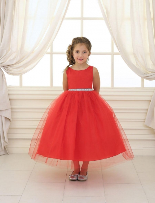 Girls Dress Style D754 - RED Sleeveless Satin and Organza Dress with Embellished Rhinestone Waist
