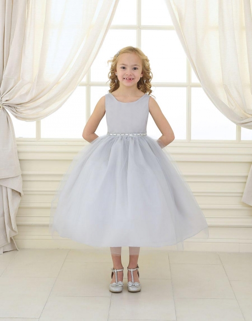 Girls Dress Style D754 - SILVER Sleeveless Satin and Organza Dress with Embellished Rhinestone Waist