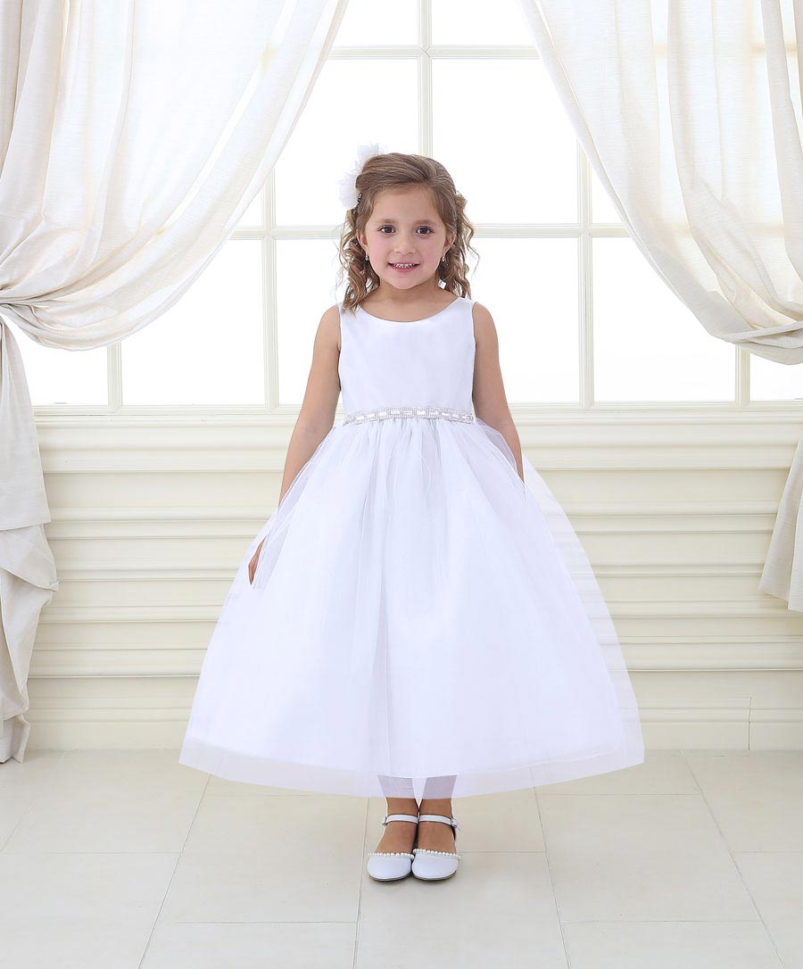 Girls Dress Style D754 - WHITE Sleeveless Satin and Organza Dress with Embellish