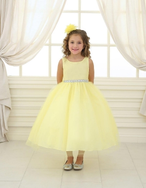 SALE YELLOW Sleeveless Satin and Organza Dress with Embellished Rhinestone Waist