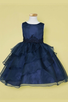 Girls Dress Style D763 - NAVY BLUE Sleeveless Organza and Beaded Dress
