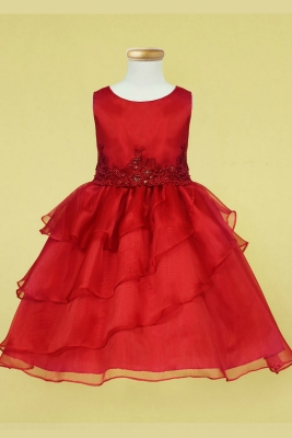 Girls Dress Style D763 - RED Sleeveless Organza and Beaded Dress