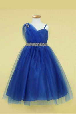 Girls Dress Style D766 - ROYAL BLUE Short Dress with Draped Shoulder