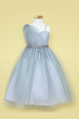 Girls Dress Style D766 - SILVER Short Dress with Draped Shoulder