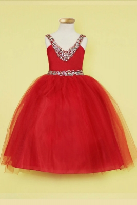 SALE Red Sequin V- Neck Satin and Tulle Dress