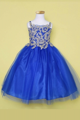 Girls Dress Style D778 - ROYAL BLUE-GOLD - Embroidered Bodice with Tulle Skirt