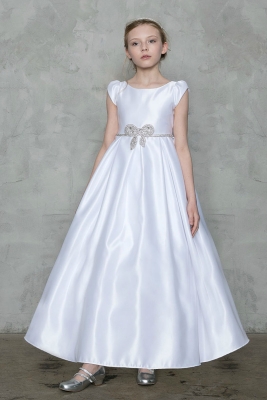 White Satin Cap Sleeve with Beaded Bow Dress