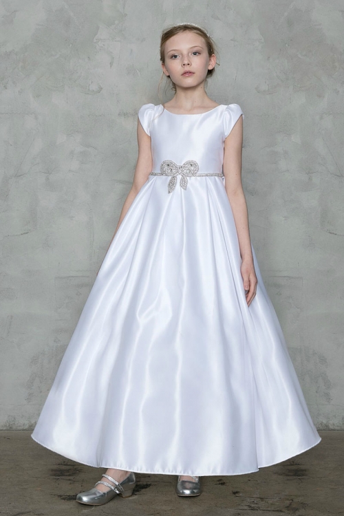 CA_D787W - White Satin Cap Sleeve with Beaded Bow Dress - All First Communion  Dresses - Flower Girl Dresses - Flower Girl Dress For Less