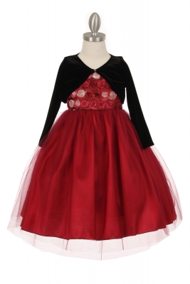Girls Dress Style 1113 - BURGUNDY Floral Inspired Dress with Tulle Skirt