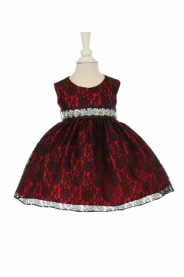 Girls Dress Style 1132BT - BLACK-RED Taffeta and Lace Dress with Choice of BEADED BELT COLOR