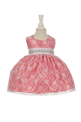 Girls Dress Style 1132BT - CORAL Taffeta and Lace Dress with Choice of BEADED BELT COLOR
