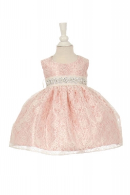 Girls Dress Style 1132BT - DUSTY ROSE Taffeta and Lace Dress with Choice of BEADED BELT COLOR