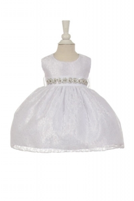 Girls Dress Style 1132BT -  WHITE Taffeta and Lace Dress with Choice of BEADED BELT COLOR