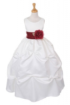 Girls Dress Style 1190- Choice of White or Ivory Dress with Burgundy Sash and Flower