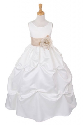 Girls Dress Style 1190- Choice of White or Ivory Dress with Champagne Sash and Flower