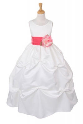 Girls Dress Style 1190- Choice of White or Ivory Dress with Coral Sash and Flower