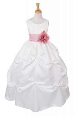 Girls Dress Style 1190- Choice of White or Ivory Dress with Dusty Rose Sash and Flower