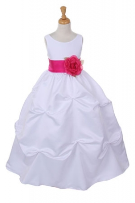 Girls Dress Style 1190- Choice of White or Ivory Dress with Fuchsia Sash and Flower
