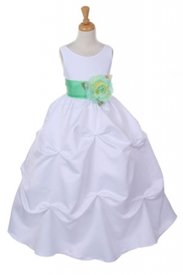 Girls Dress Style 1190- Choice of White or Ivory Dress with Mint Sash and Flower