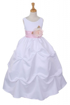 Girls Dress Style 1190- Choice of White or Ivory Dress with Pink Sash and Flower