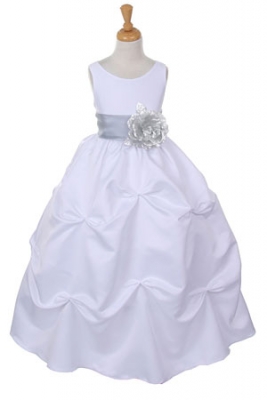 Girls Dress Style 1190- Choice of White or Ivory Dress with Silver Sash and Flower