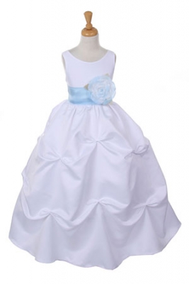 Girls Dress Style 1190- Choice of White or Ivory Dress with Baby Blue Sash and Flower