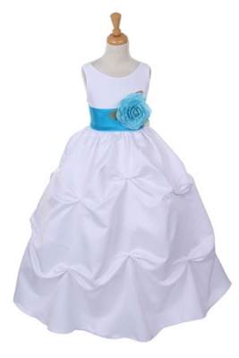 Girls Dress Style 1190- Choice of White or Ivory Dress with Turquoise Sash and Flower
