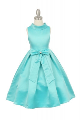 Girls Dress Style 1197 - AQUA Collared Satin Dress with Front Bow