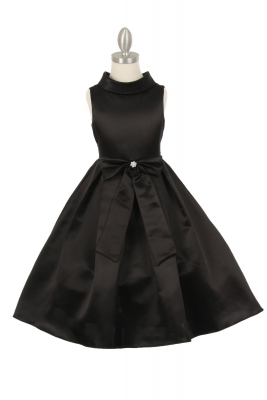 Girls Dress Style 1197 - BLACK Collared Satin Dress with Front Bow