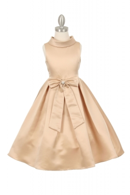 Girls Dress Style 1197 - CHAMPAGNE Collared Satin Dress with Front Bow