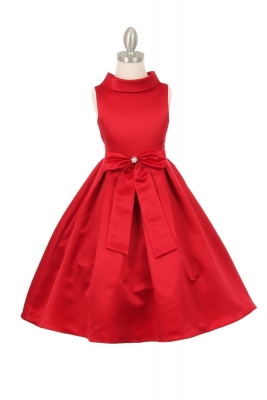 Girls Dress Style 1197 - RED Collared Satin Dress with Front Bow
