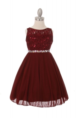 Girls Dress Style 1212 - Embroidered Sequin Dress with Tulle Skirt in Choice of Color