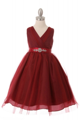 Girls Dress Style 1220-7 - ALL BURGUNDY Tulle Dress with BURGUNDY Sequin Belt